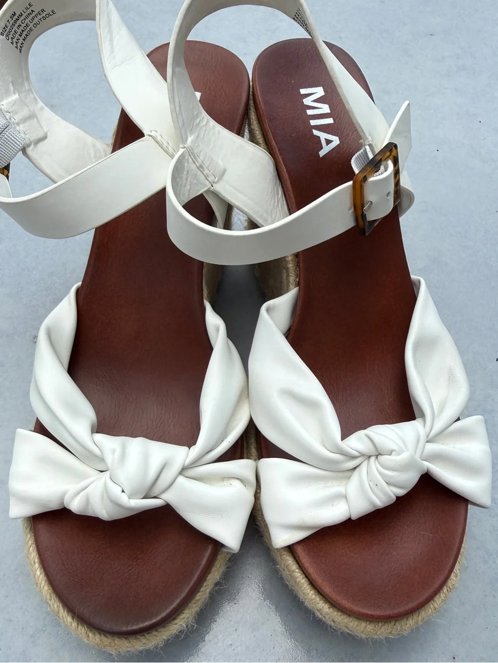 MIA White Knot-Front Espadrille Wedge Sandals with Tortoiseshell Buckle